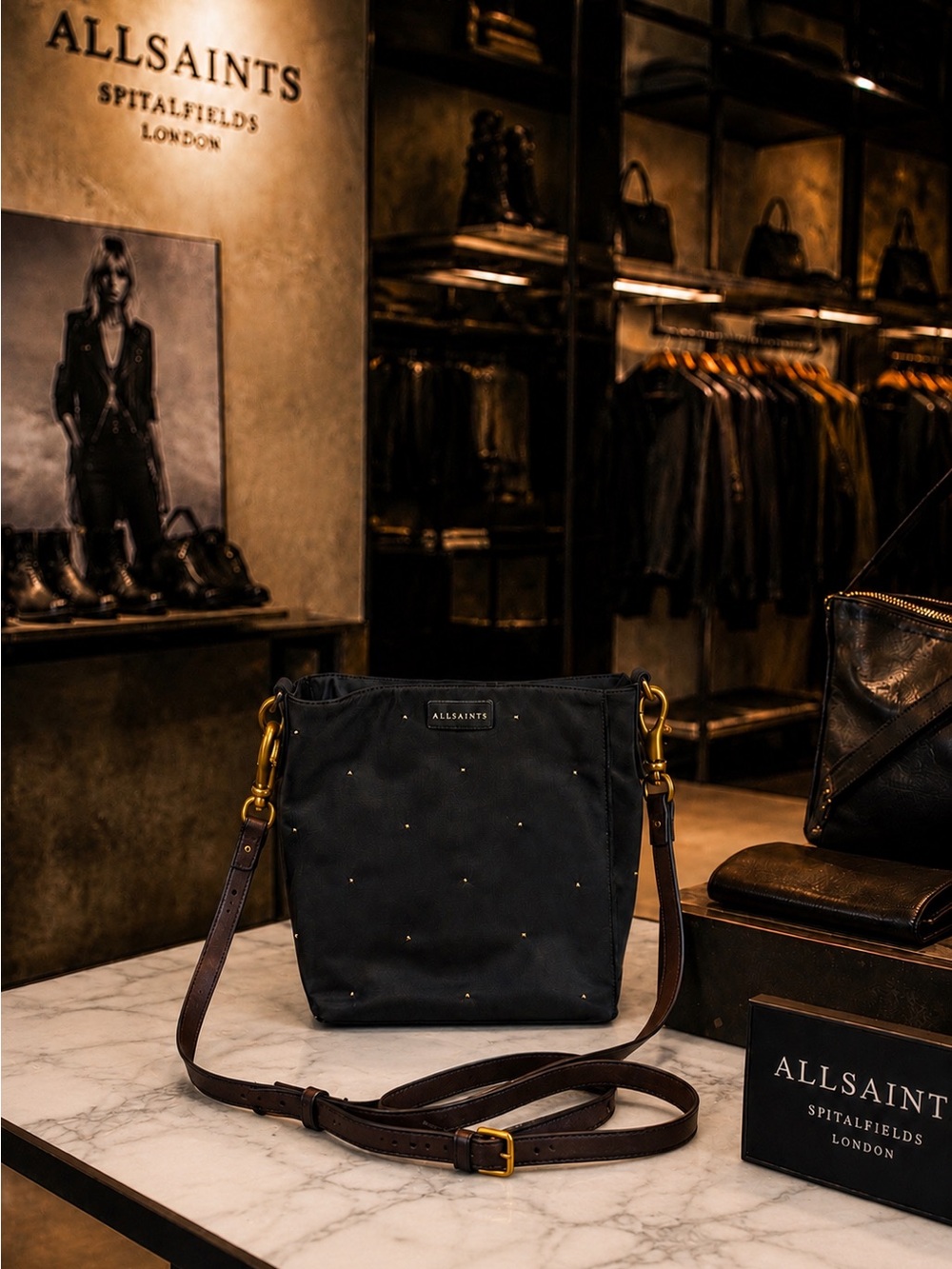 AllSaints Nilo Stud Black Nylon Crossbody Bag with Brown Leather Strap